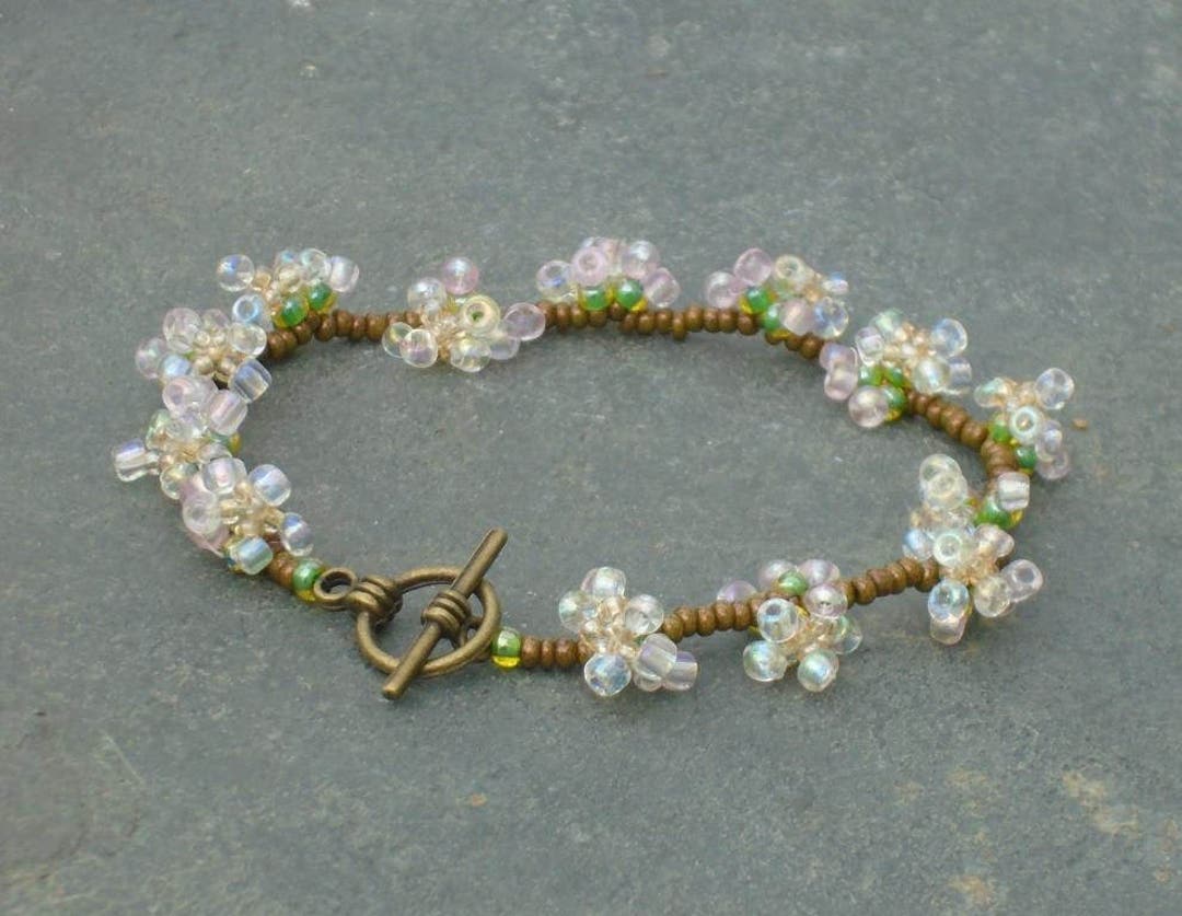 Cherry Blossom/green Chunky 12 Mm Bead Stretched Bracelet With 