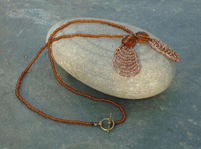 Sycamore Keys Pendant Necklace in bronze and topaz Czech seed beads and chestnut crystal beads UK seller