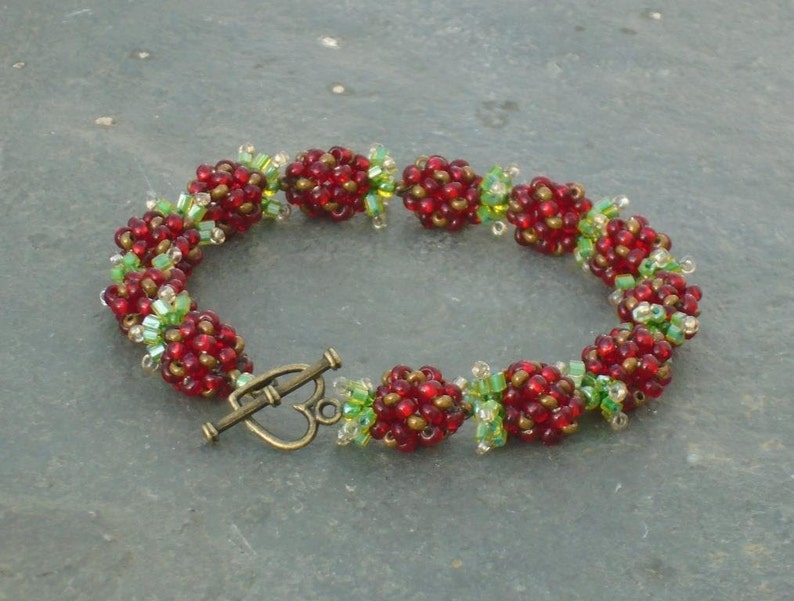 Wild Strawberries Bracelet Ruby Seed Bead Bracelet UK seller bronze and green Czech seed beads in ruby