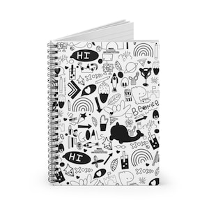Black & White Doodle Notebook, Spiral Notebook, Lined Notebook, Cute Stationary, Funky Notepad,