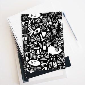 Caderno Doodle, Diário de capa dura, Caderno pautado, Estacionário fofo, Bloco de notas descolado, Diário preto e branco