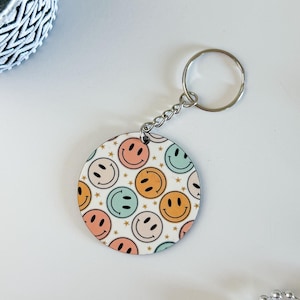 Happy Face Keychain, Smiley Face Keychain, Stars Keychain, Sublimation Keychain, Car Gift, Stocking Stuffer, Retro Keychain.