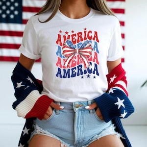 America Bow Shirt, 4th of July T-Shirt, America Tee, 4th of July Apparel, Bow Tee, Plus Size, America T Shirt, Red White & Blue Shirt