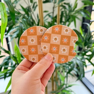 Checkered Flower Car Coasters, Retro Car Coasters, Boho Car Coasters, Set of 2 Car Coasters, Retro Car Coasters, Cup Holder Coasters