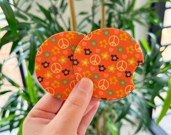 Orange Peace Sign Car Coasters, Boho Car Coasters, Set of 2 Car Coasters, Retro Car Accessories, Gift for Her, Cup Holder Coasters