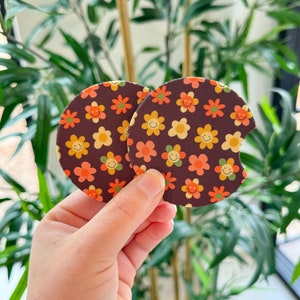 Retro Flower Car Coasters, Brown Car Coasters, Boho Car Coasters, Set of 2 Car Coasters, Retro Car Accessories, Cup Holder Coasters
