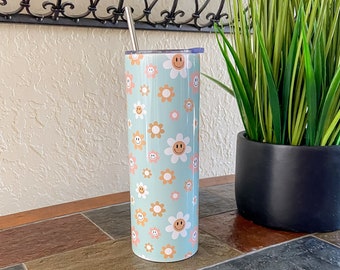 Retro Floral Tumbler, Pretty Tumbler, Smiley Face Tumbler, Blue Flower Cup, Pretty Retro Tumbler, Retro Lover Cup, 20oz Tumbler