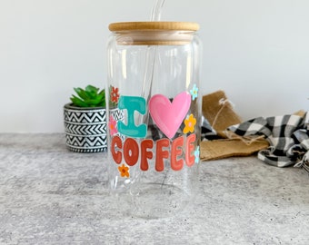 I Love Coffee Glass Cup, Colorful Iced Coffee Cup, Retro Glass Cup, Cute Iced Coffee Cup, Iced Coffee Cup, 16oz Libbey Cup