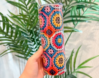 Granny Square Tumbler, Yarn Cup, Yarn Tumbler, Crochet Tumbler, Crochet Lover Cup, Crocheter Gift, Yarn Lover Gift, 20oz Yarn Tumbler