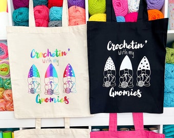 Crocheting With my Gnomies Tote Bag, Crocheters Bag, Yarn Bag, Gnome Bag, Gnome Tote, Yarn Lover Gift, Crocheter Gift, Gift For Crocheters