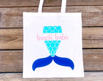 Beach Babe Tote Bag, Summer Bag, Mermaid Tote Bag, Gift for Her, Beach Bag, Cotton Tote, Shoulder Bag, Summer Canvas Tote Bag