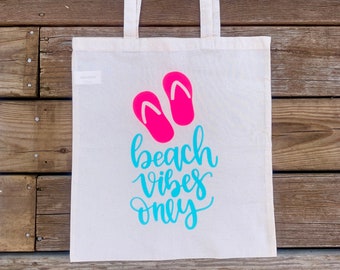 Flip Flop Tote Bag, Summer Bag, Beach Vibes Only Tote Bag, Gift for Her, Beach Bag, Cotton Tote, Shoulder Bag, Summer Canvas Tote Bag