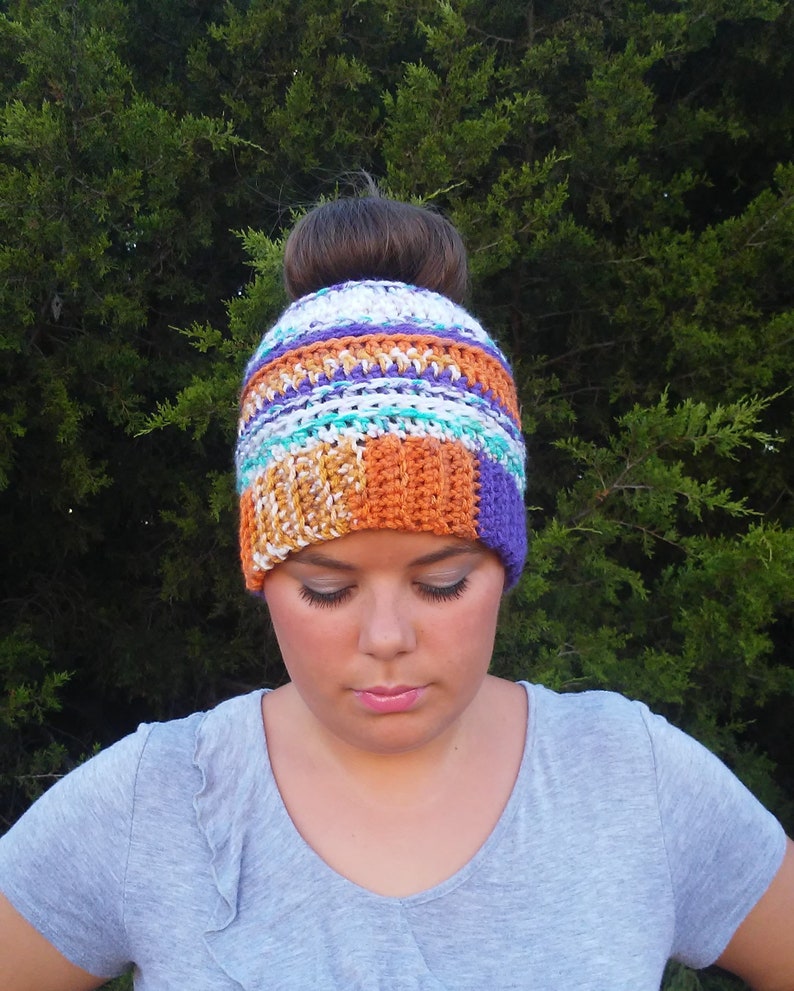 Crochet Messy Bun Beanie Orange Purple Messy Bun Beanie Ponytail Beanie Womens Ponytail Hat Top Knot Hat READY TO SHIP Messy Bun Hat