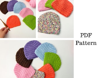 May include: A collection of colorful crocheted hats in various colors, including purple, blue, green, pink, orange, and brown. The hats are arranged in a circle on a white surface. The text "PDF Pattern" is visible in the image.