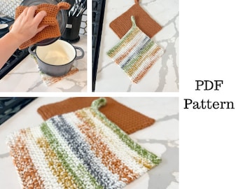May include: Two crocheted pot holders with a striped pattern in shades of brown, white, green, and gray. The pot holders have a loop for hanging. PDF Pattern.