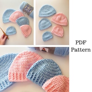 May include: A PDF pattern for crocheting baby hats in pink and blue. The pattern includes instructions for making different sizes of hats.