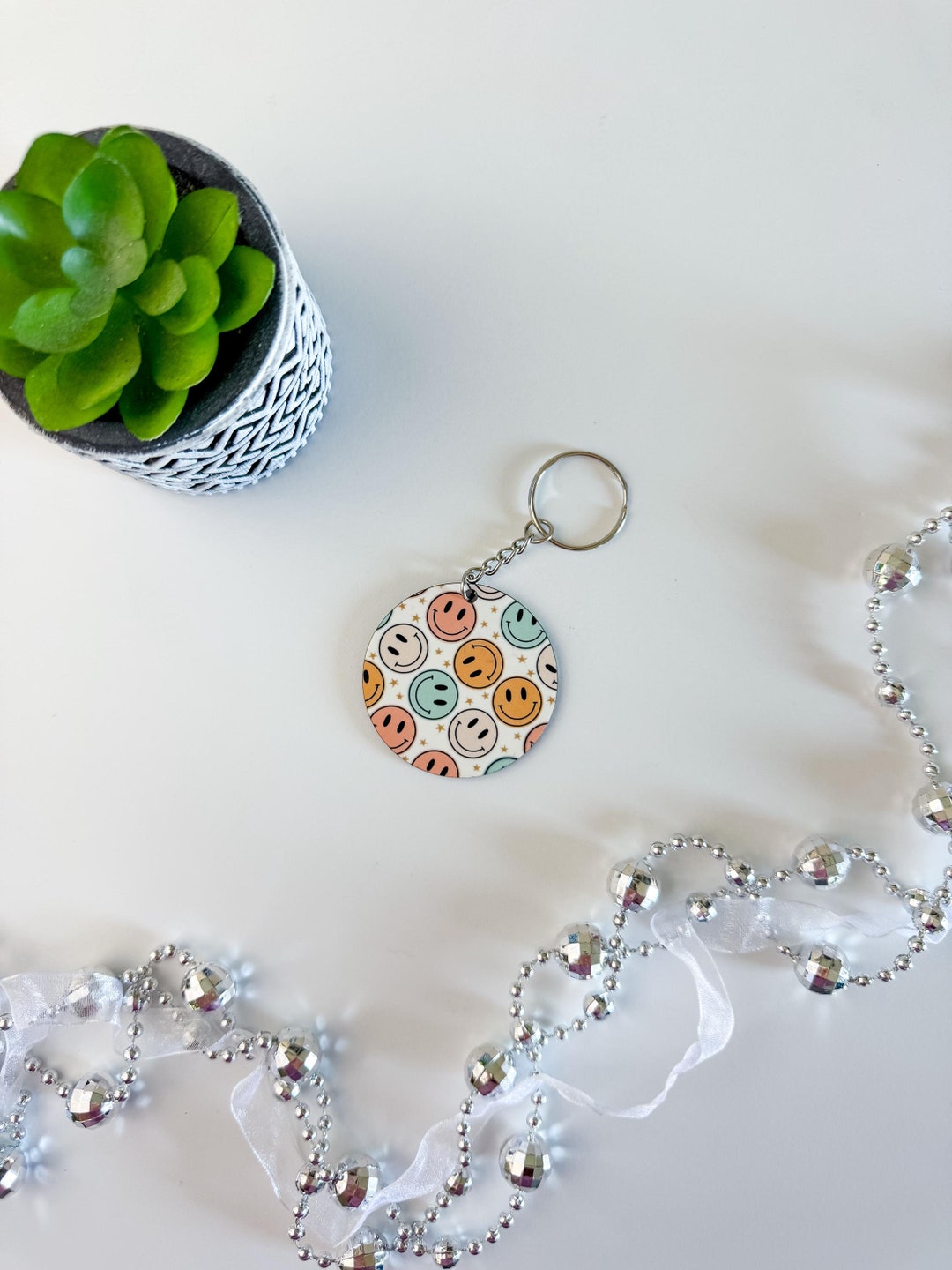 Happy Face Keychain, Smiley Face Keychain, Stars Keychain, Sublimation