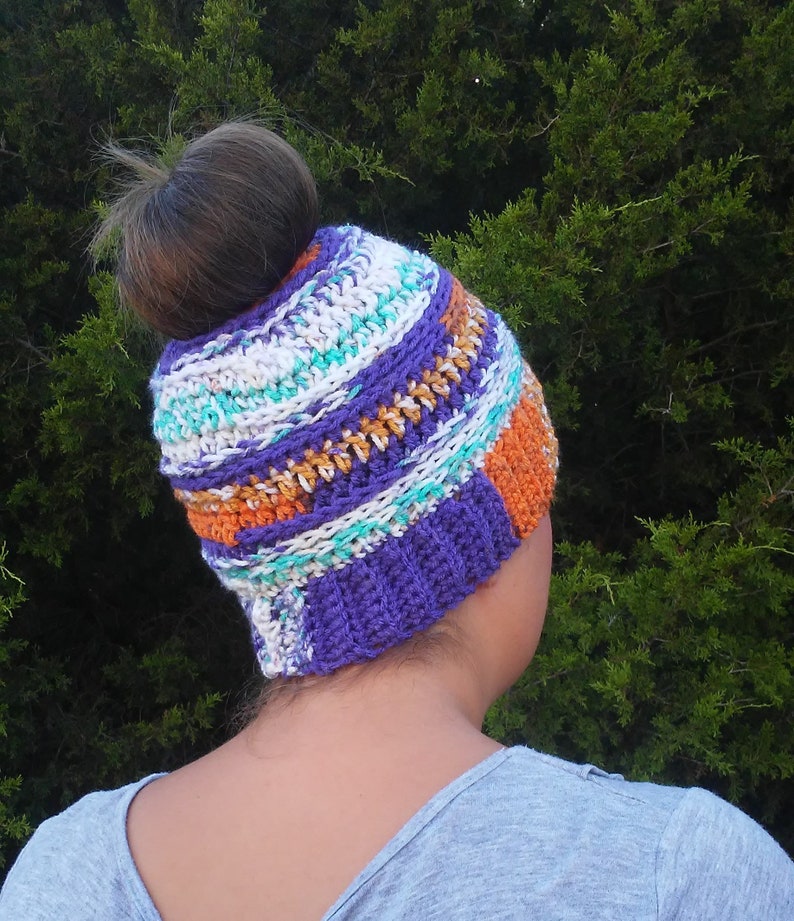 Crochet Messy Bun Beanie Orange Purple Messy Bun Beanie Ponytail Beanie Womens Ponytail Hat Top Knot Hat READY TO SHIP Messy Bun Hat