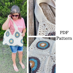 Op de afbeelding: Een crèmekleurige gehaakte tote bag met een geometrisch patroon van bruine, turquoise en oranje cirkels. De tas heeft een brede band. De tekst "PDF Pattern" is zichtbaar.