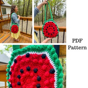 May include: A handmade crochet watermelon-shaped bag with a green rind, red flesh, and black seed details. The bag has a long green strap and is shown in multiple views, including one being worn. The text "PDF Pattern" is visible.