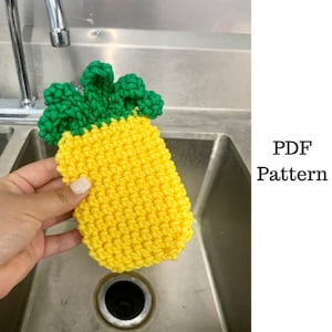 May include: A crocheted pineapple-shaped kitchen scrubber in yellow and green.  PDF Pattern.