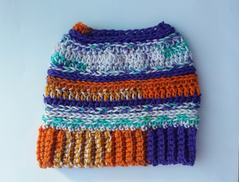 Crochet Messy Bun Beanie Orange Purple Messy Bun Beanie Ponytail Beanie Womens Ponytail Hat Top Knot Hat READY TO SHIP Messy Bun Hat
