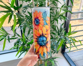 Sunflower Tumbler, Flower Tumbler, Watercolor Tumbler, Sunflower Cup, Tumbler with Straw, 20oz Tumbler, Gift for Her, Cute Tumbler