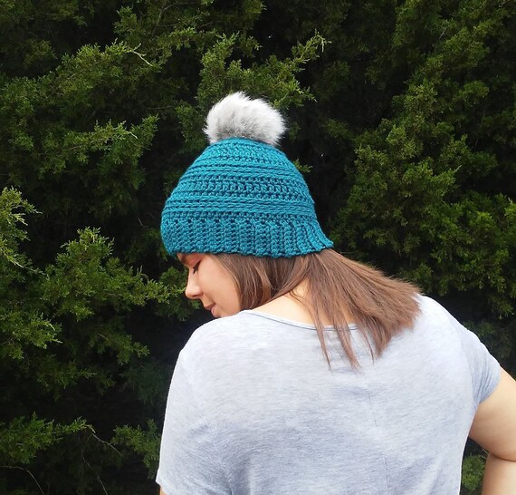 Womens Teal Pom Pom Hat Pom Pom Beanie 