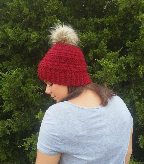 Womens Red Fur Pom Pom Hat Pom Pom Beanie Red Toque Red Pom Etsy