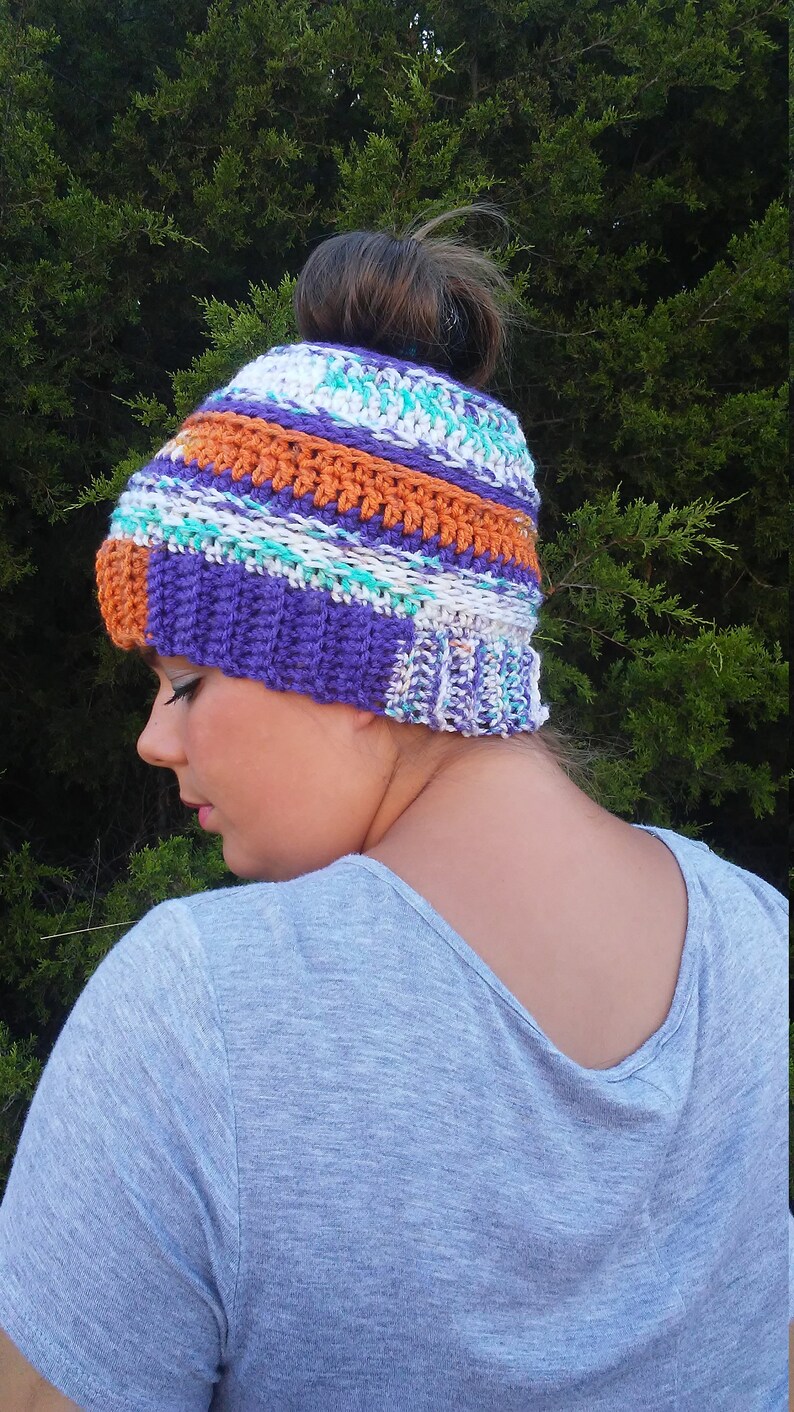 Crochet Messy Bun Beanie Orange Purple Messy Bun Beanie Ponytail Beanie Womens Ponytail Hat Top Knot Hat READY TO SHIP Messy Bun Hat