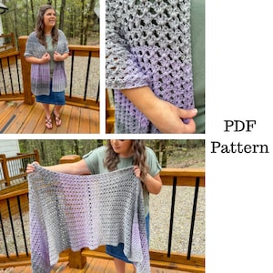 May include: A crochet shawl with a gradient of purple and gray colors. The shawl is made with a delicate open stitch pattern. The image includes the text "PDF Pattern".