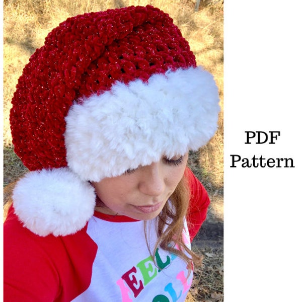 Modello per cappello di Babbo Natale all'uncinetto, modello PDF di Natale all'uncinetto, modello per cappello da Babbo Natale per adulti, modello PDF scaricabile, modello all'uncinetto gratuito