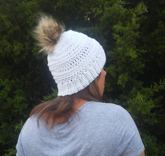 Womens White Fur Pom Pom Hat Pom Pom Beanie White Toque Etsy