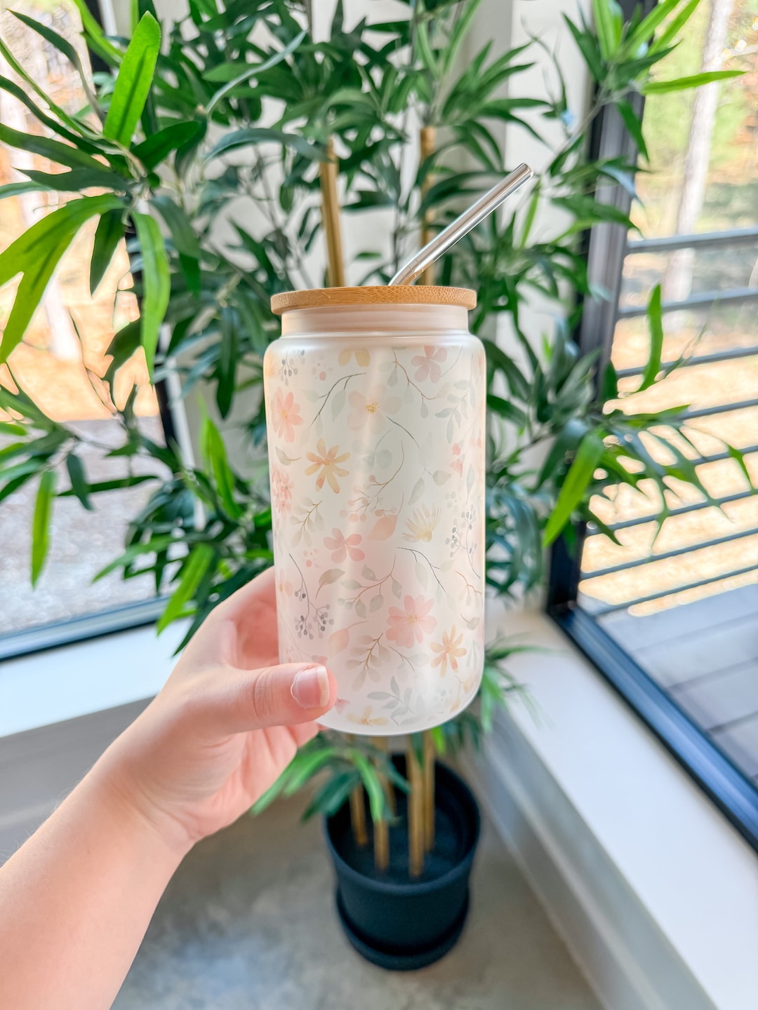 Flower Iced Coffee Cup, Aesthetic Glass Cup, Cute Iced Coffee Cup Mug