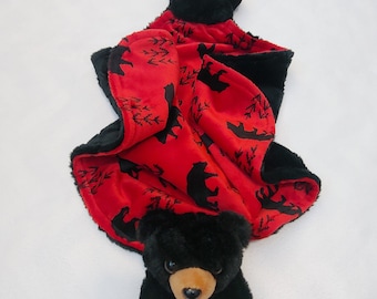 Bear minky blanket baby animal blanket snuggle blanket lovey 18x18 or 24x24 red black bear print embellished black arrows
