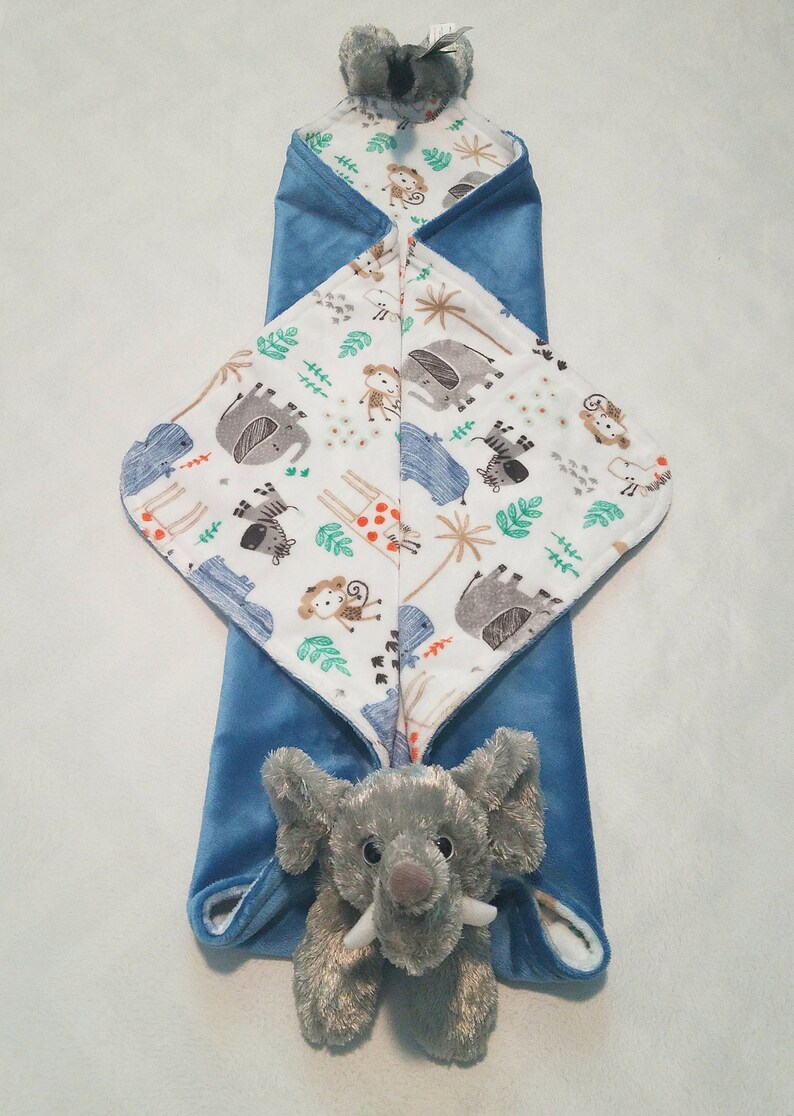 Elephant minky baby blanket animal blanket snuggle blanket lovey 24x24 jungle animal print bluebell solid