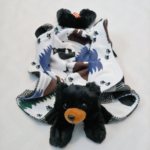 Bear minky baby animal blanket snuggle blanket lovey 18x18 or 24x24 bear print with blue & green trees black buffalo plaid