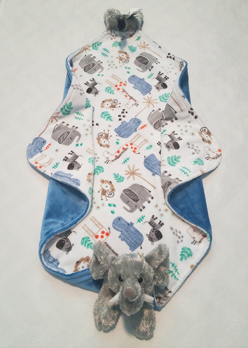 Elephant minky baby blanket animal blanket snuggle blanket lovey 24x24 jungle animal print bluebell solid