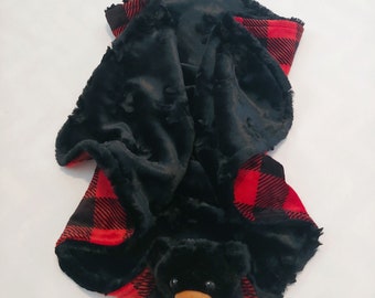 Bear minky blanket animal blanket snuggle blanket lovey 18x18 or 24x24 embellished black paws red buffalo check