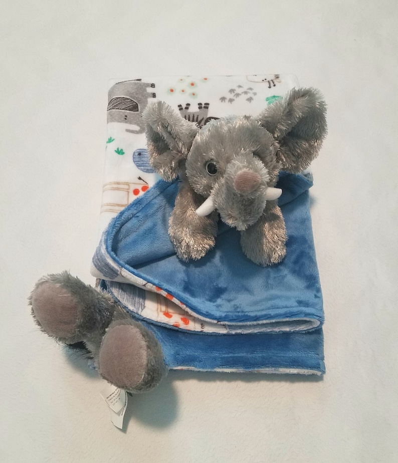 Elephant minky baby blanket animal blanket snuggle blanket lovey 24x24 jungle animal print bluebell solid