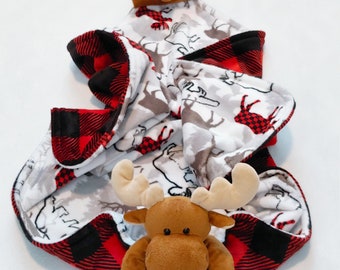 Moose Minky Baby Blanket, Red Buffalo Plaid Lovey (18x18)