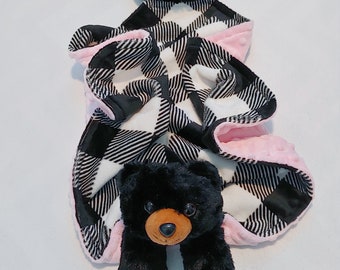 Bear minky blanket baby animal blanket snuggle blanket lovey 18x18 black buffalo plaid blush pink dimple dot