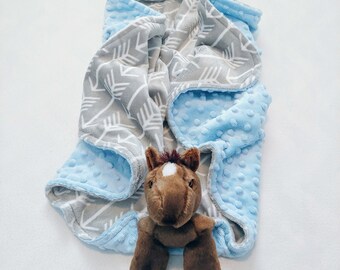 Horse minky blanket baby animal blanket snuggle blanket lovey 24x24 gray white arrow baby blue dimple dot brown horse