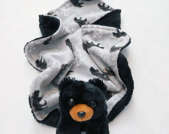 Bear minky blanket animal blanket snuggle blanket lovey 18x18 or 24x24 gray black bear print black embellished arrows