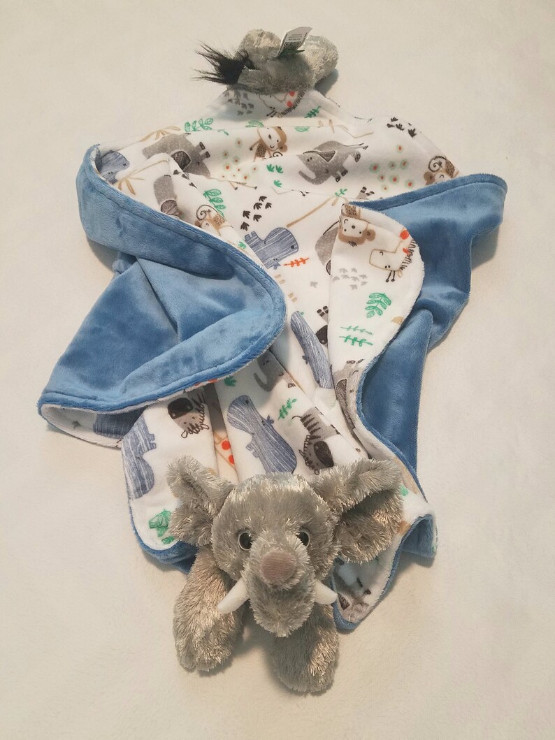 Elephant minky baby blanket animal blanket snuggle blanket lovey 24x24 jungle animal print bluebell solid