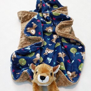 Deer minky baby blanket animal blanket snuggle blanket lovey 24x24  blue brown green deer print brown/cappuccino dimple dot tan spotted deer