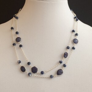Sodalite Sterling Silver Multistrand Bezel Set Necklace, Blue and Silver Necklace, Two Strand Necklace, Gift for Her, Wire Wrapped, Faceted