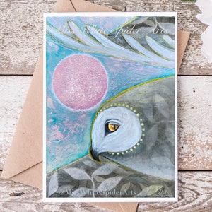 Carte de voeux Woodland Wings hibou - oeuvre d'art originale - papier mat épais - Kraft ou enveloppe blanche - 5 x 7 po.