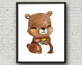 Orso Miele Stampabile Wall Art, Nursery Decor, Nursery Art, Stampe asilo nido, Gender Neutral, Baby Doccia Regalo, Animal Wall Art, Stampe animali