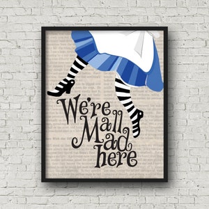 Alice in Wonderland Printable Wall Art, We’re All Mad Here, Cheshire Cat Quote, Tim Burton, Movie Quotes, Bedroom Art, Girls Room Wall Art